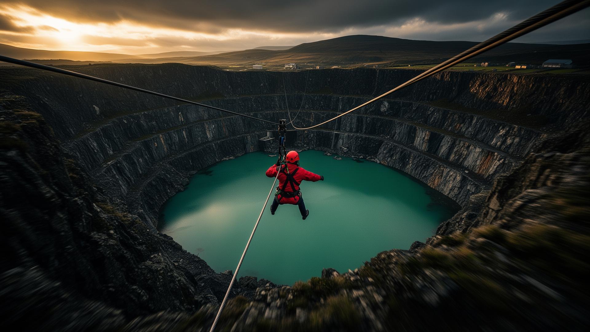 Rider on Velocity 2, the fastest zip line in Europe, Penrhyn Quarry